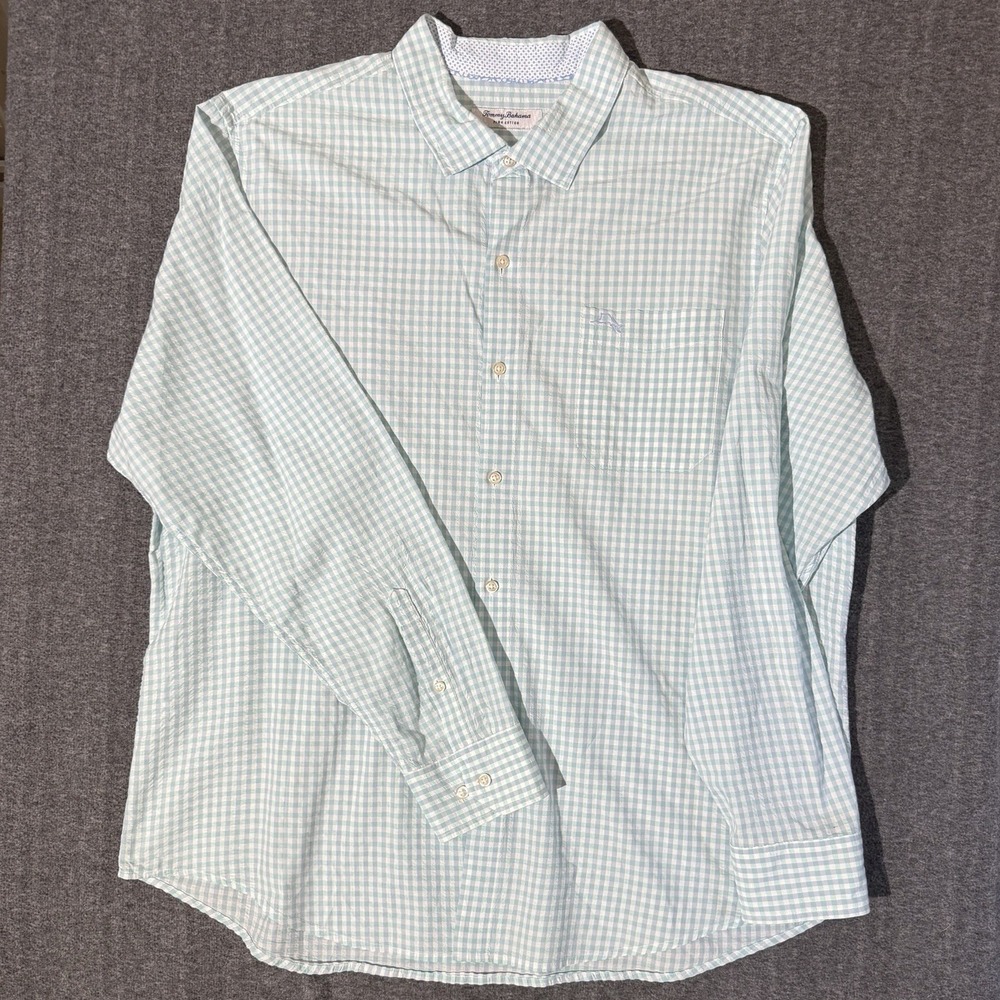 Tommy Bahama Shirt Mens 2XL Aqua Mint Gingham Button Down Long Sleeve Resortwear - Picture 2 of 9